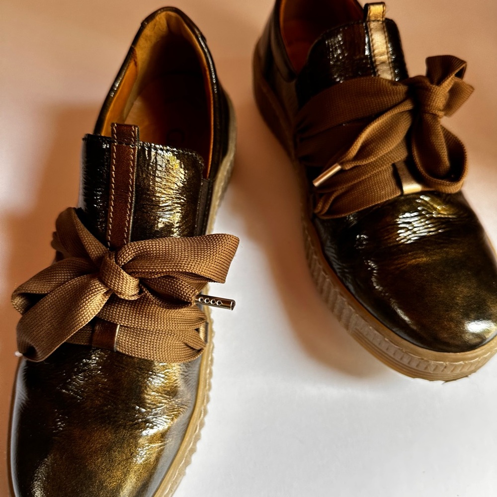 Gabor Best Fitting Metallic Olive Green Patent Leather Sneakers Ribbon Lace - Picture 10 of 11